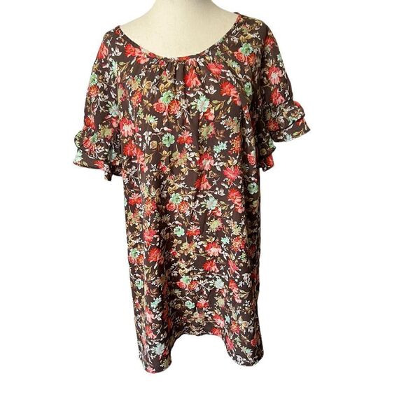 Lane Bryant 16L Long Tunic Top Blouse with Short Ruffle Sleeve Brown Floral - Picture 1 of 9